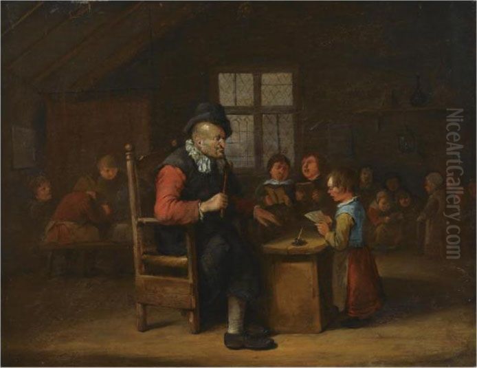 A Schoolroom Interior With A 
Teacher Seated Behind A Desk, A Younggirl Reading, Other Pupils In The 
Background Oil Painting by Egbert Jaspersz. van, the Elder Heemskerck
