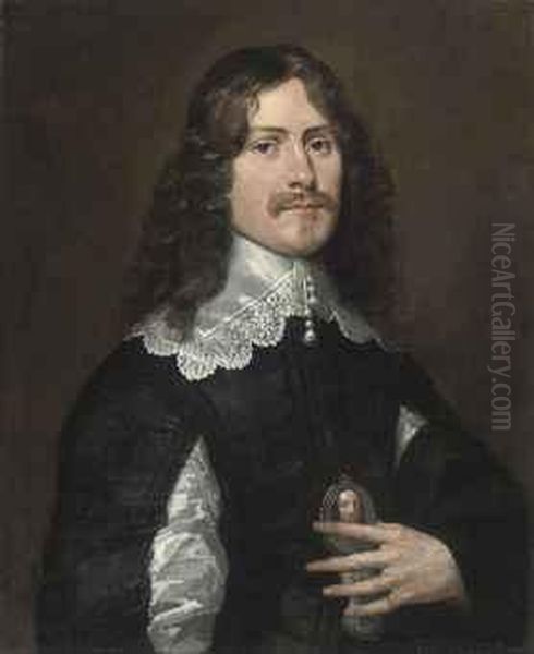 Portrait Of A Gentleman, 
Half-length, In A Black Slashed Doubletand White Lace Collar, A 
Miniature In His Left Hand Oil Painting by Gerrit Van Honthorst