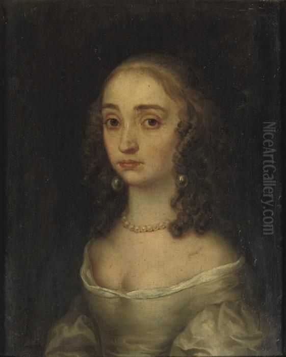 A Portrait Of Mary Henrietta 
Stuart I, Bust-length, In A Beige Dress With A Pearl Necklace And 
Earrings Oil Painting by Gerrit Van Honthorst