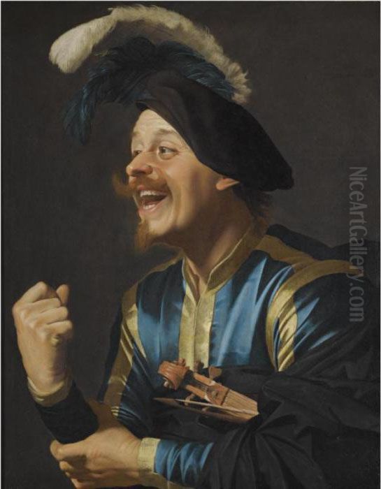 A Laughing Violinist, 
Half-length, Wearing A Blue And Yellow Striped Doublet And A Plumed Cap,
 With A Violin Tucked Under His Arm Oil Painting by Gerrit Van Honthorst