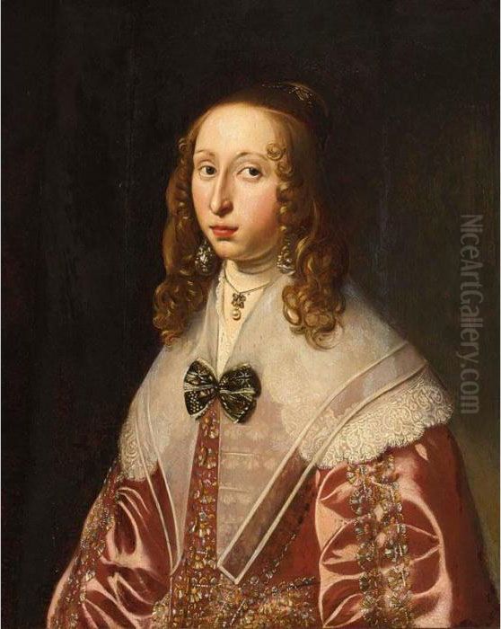 A Portrait Of A Lady, Half 
Length, Wearing A Red Satin Embroidered Dress With Lace And Pearl 
Jewellery Oil Painting by Gerrit Van Honthorst