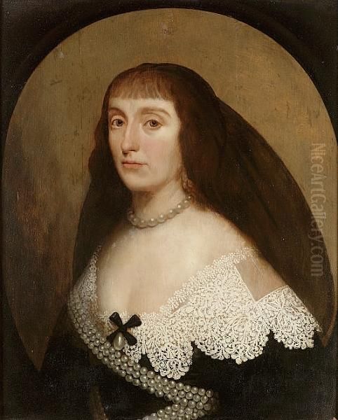 Portrait Of Elizabeth Stuart, 
Queen Of Bohemia, Half-length, In A Black Dress With A White Lace Collar
 And Pearls, And A Black Headdress Oil Painting by Gerrit Van Honthorst
