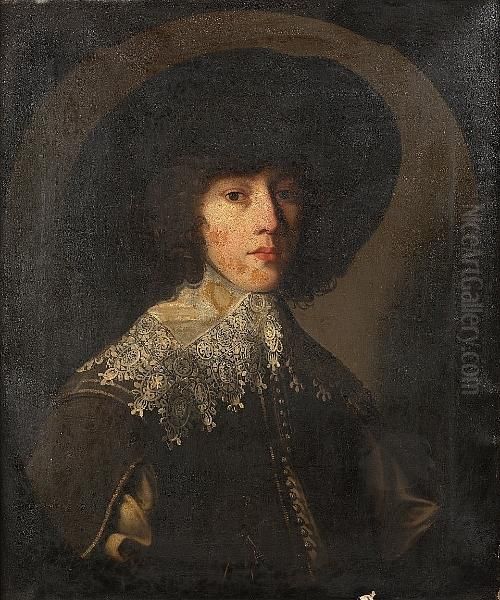 Portrait Of Rupert, Prince 
Palatine, Half-length, In A Black Slashed Doublet With A Lace Collar And
 A Black Hat Oil Painting by Gerrit Van Honthorst
