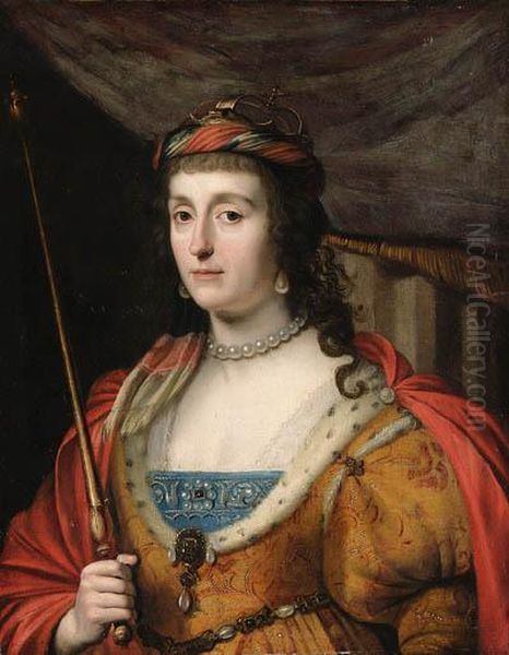 Portrait Of Elizabeth, Queen Of 
Bohemia, Half-length, In A Gold-embroidered Dress With Ermine Lining, A 
Red Cape And Holding Asceptre Oil Painting by Gerrit Van Honthorst