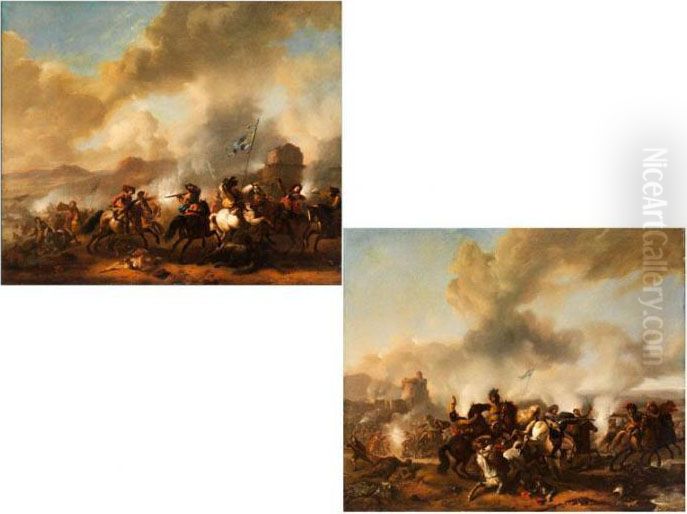 Schlachtenszenen In Weiter Landschaft Vor Festungsanlagen Oil Painting by Jan von Huchtenburgh