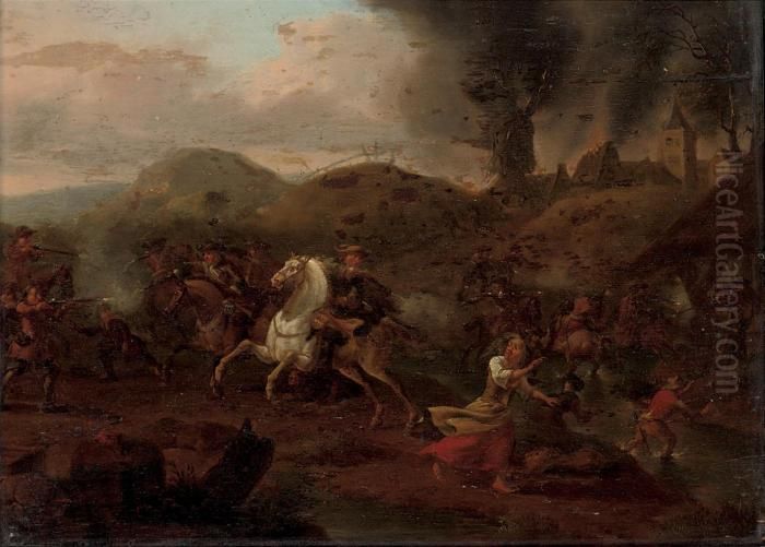 A Cavalry Skirmish, A Burning Village Beyond Oil Painting by Jan von Huchtenburgh