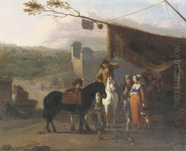 Travellers On Horseback Taking 
Refreshments At An Encampment Near Afortified Town, A Water-basin With 
Horses Drinking Nearby Oil Painting by Jan von Huchtenburgh