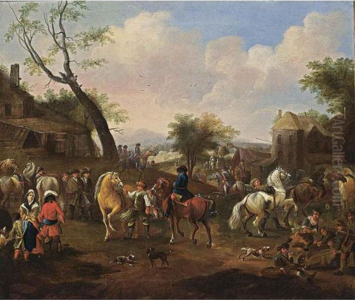 Horsemen Together With Other 
Horses And Soldiers In A Village, Children Playing In The Foreground Oil Painting by Jan von Huchtenburgh