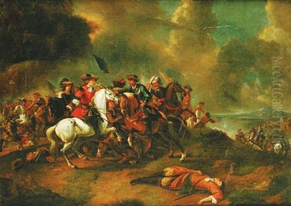 Scena Di
Combattimento Tra Cavalieri Sullo Sfondo Di Montagne E Castello Oil Painting by Jan von Huchtenburgh