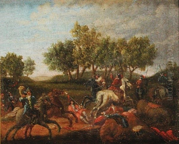 Jan Van Huchtenburg , Cerchia 
Di. Scontro Di Cavalieri. Interessante, Piccolo Dipinto Ad Olio Su 
Tavoletta. Cornice. Cm. 15x18 Oil Painting by Jan von Huchtenburgh