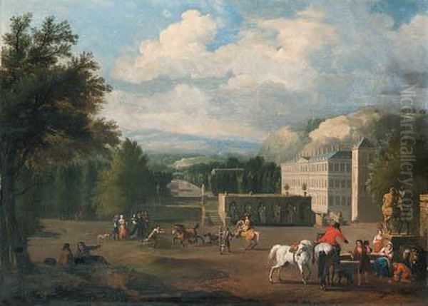 A View Of A Country Mansion With
 A Riding School, A Traveller At Afountain In The Foreground Oil Painting by Jan von Huchtenburgh
