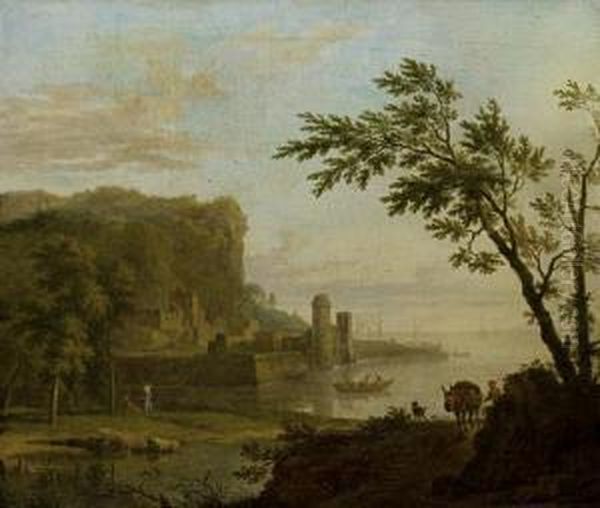 A Coastal Landscape With A 
Traveller And His Horse On A Path, A Walled Port In The Distance Oil Painting by Jan Van Huysum
