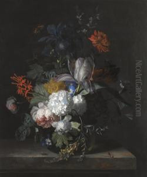 A Still Life With Hydrangea, 
Convolvulus, Polyanthus, Peonies, Auricula, Carnation, Tulips, Snowballs
 And Other Flowers In A Glass Vase Over A Stone Ledge With A Blubottle 
To The Left And A Hornet To The Right Oil Painting by Jan Van Huysum
