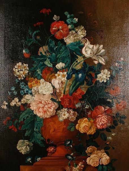 Tulips, Roses, Narcissi, 
Chrysanthemums,irises And Other Flowers In A Terracotta Vase On A 
Marbleledge Oil Painting by Jan Van Huysum