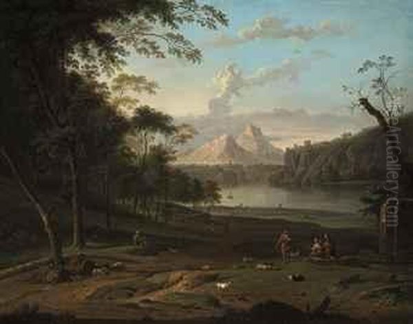 A Wooded, River Landscape With 
Shepherds And Their Flock, A Hilltoptown And Mountains Beyond Oil Painting by Jan Van Huysum