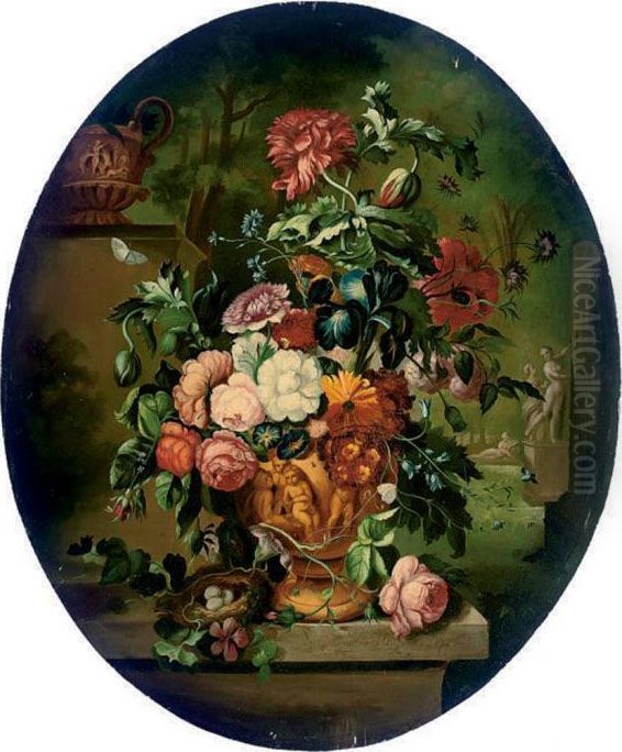 Chrysanthemums, Roses And Other Flowers In A Sculpted Urn, On Aledge Oil Painting by Jan Van Huysum