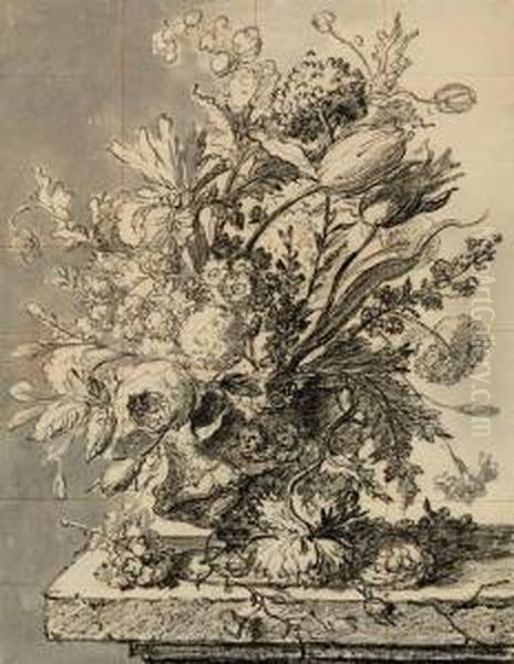 A Bouquet Of Flowers In A Terracotta Vase Resting On A Ledge Oil Painting by Jan Van Huysum