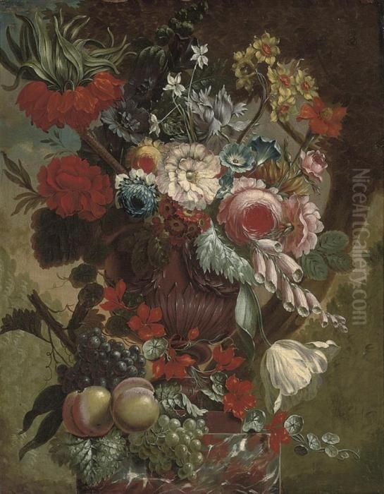 Roses, Narcissi, Convolvulus, 
Amaryllis And Other Flowers In A Sculpted Urn, On A Marble Plinth Oil Painting by Jan Van Huysum