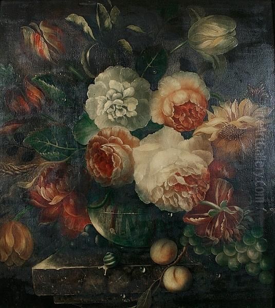 A Still Life Of Roses, Peonies, 
Tulips And Wheat In A Glass Bowl With Apricots, Red And White Grapes, 
Butterflies And A Snail On A Stone Ledge Oil Painting by Jan Van Huysum
