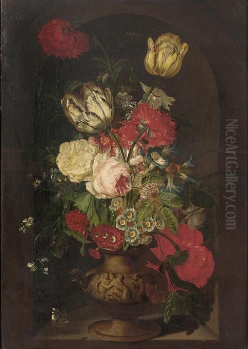 Carnations, Tulips, Morning 
Glories, A Rose And Other Flowers In A Sculpted Urn In A Casement, With 
Two Butterflies Oil Painting by Jan Van Huysum
