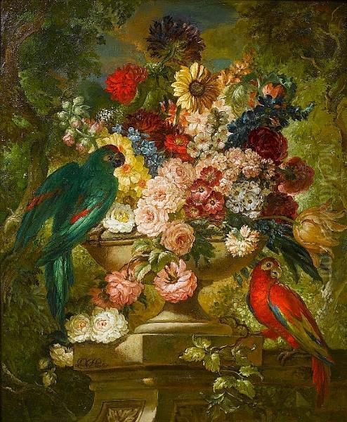 A Sunflower, Roses, A Carnation,
 Tulips, Narcissi And Other Flowers, In A Stone Urn On A Plinth With Two
 Parrots Oil Painting by Jan Van Huysum