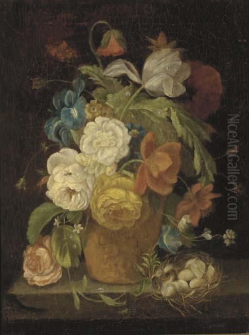 Roses, Morning Glory, A Tulip And Other Flowers In A Vase On A Ledge Oil Painting by Jan Van Huysum