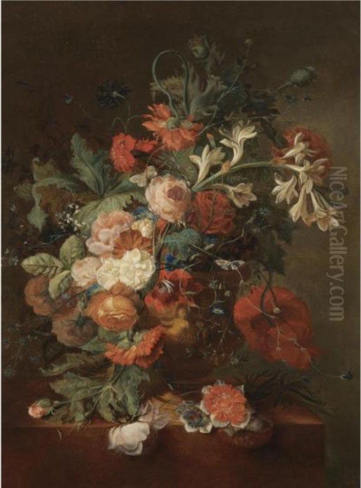 Still Life With Roses, Morning 
Glory, Orange Blossom And Various Other Flower Together In An Urn On A 
Stone Ledge Oil Painting by Jan Van Huysum