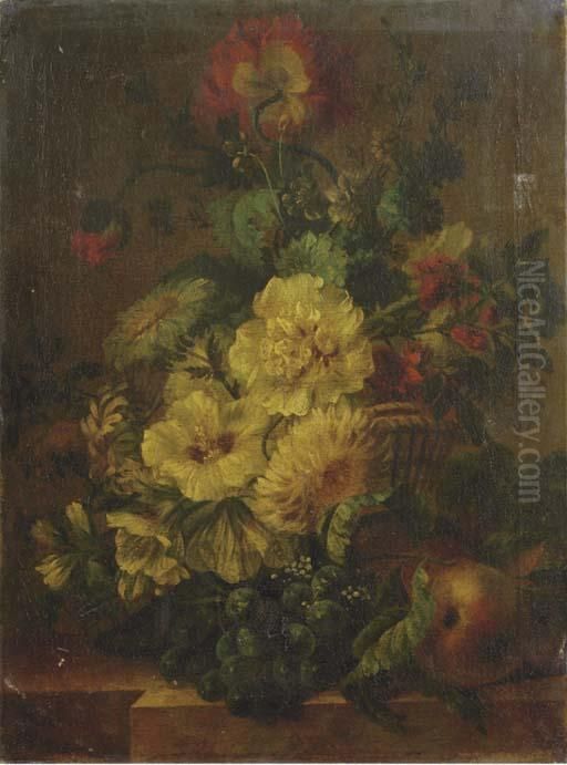 Carnations, Poppies, Roses And 
Other Flowers In A Basket With Black Grapes And Peaches On A Ledge Oil Painting by Jan Van Huysum