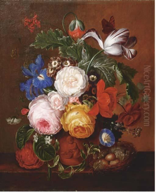 Roses, Parrot Tulips, Irises And
 Other Flowers In A Terracotta Urn And A Bird's Nest With Eggs On A 
Wooden Ledge Oil Painting by Jan Van Huysum