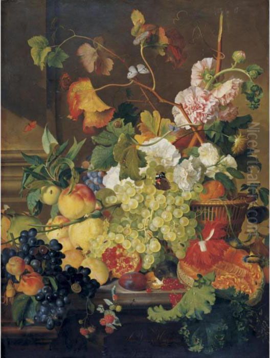 Still Life Of Grapes, Peaches, A
 Melon And Other Fruit, With Peonies In A Basket, All On A Stone Ledge Oil Painting by Jan Van Huysum