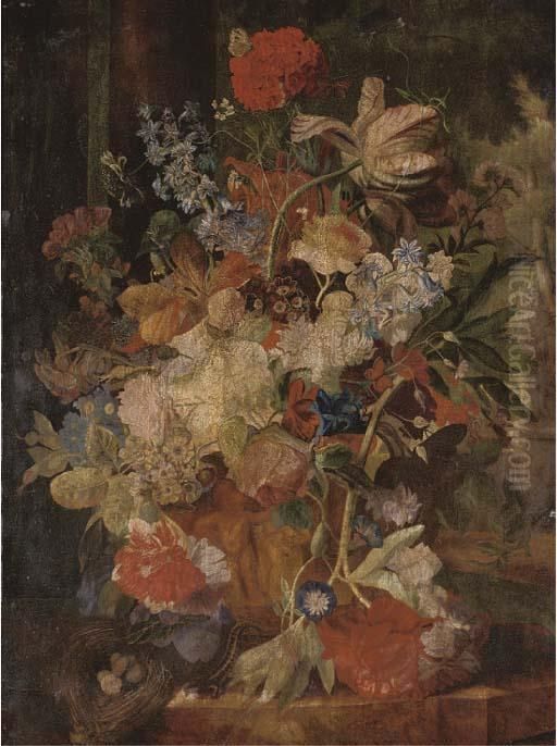 Tulips, Morning Glory, And Other
 Flowers In A Sculpted Urn With Abirds Nest On A Ledge, Figures In A 
Garden Beyond Oil Painting by Jan Van Huysum