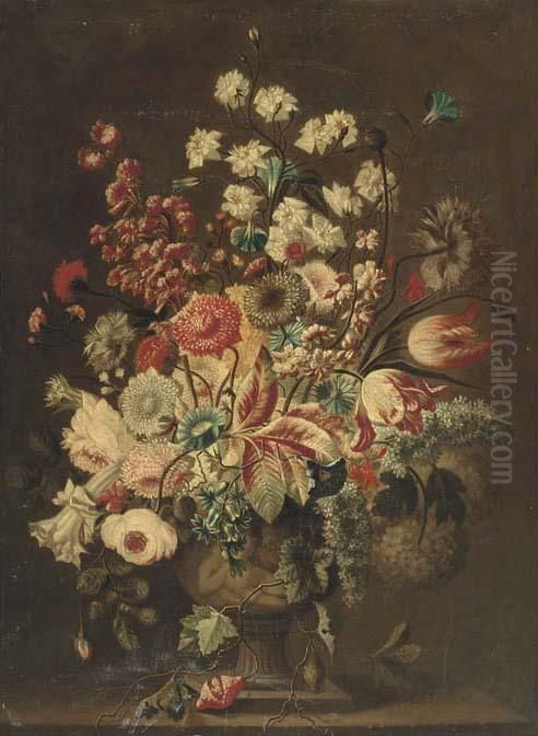 Parrot Tulips, Roses, 
Hydrangeas, Carnations And Other Flowers In Asculpted Urn On A Ledge Oil Painting by Jan Van Huysum