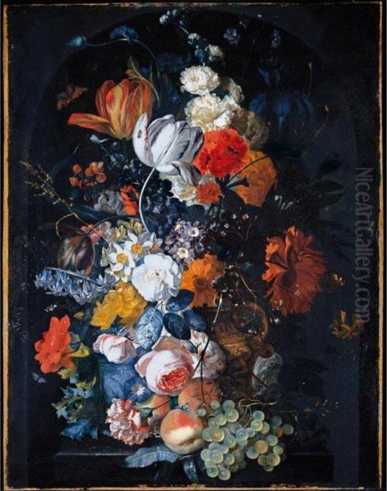 A Still Life Of Tulips, 
Hollyhocks, Maltese Cross, An Iris, Narcissi, Auricula, An Opium Poppy, 
Marigolds, Apple Blossom, A Carnation And Other Flowers In A Terracotta 
Urn With Grapes And Peaches On A Stone Pedestal In A Niche With A 
Peacock Butte Oil Painting by Jan Van Huysum
