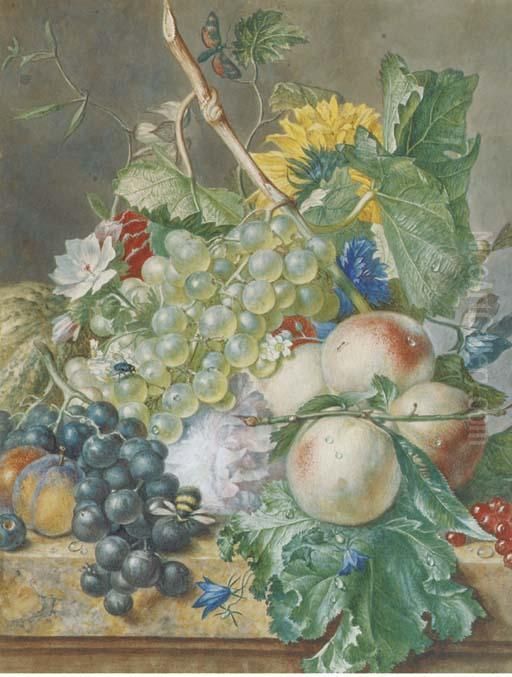 Still Life Of Grapes, Peaches, 
Plums And Other Fruit With Peonies,chrysanthemums And Convolvulus, On A 
Marble Ledge Oil Painting by Jan Van Huysum
