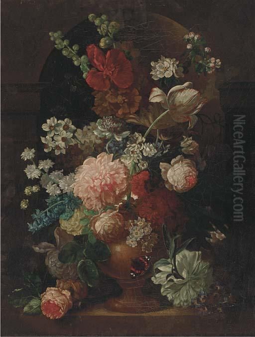 A Parott Tulip, Roses, Morning 
Glory And Other Flowers In An Urn Ina Niche, With A Butterfly Oil Painting by Jan Van Huysum