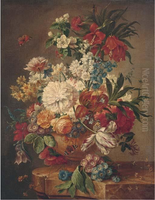 Roses, Tulips, Morning Glory, 
Narcissi And Other Flowers In An Urnon A Marble Ledge With Butterflies Oil Painting by Jan Van Huysum