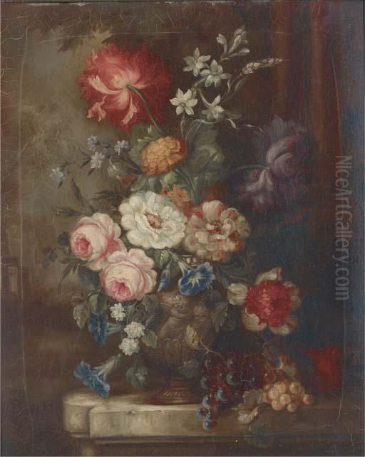 Roses, Petunias, Dahlias, 
Campanulae And Other Summer Flowers In Anornamental Urn With Bunches Of 
Grapes On A Garden Plinth Oil Painting by Jan Van Huysum