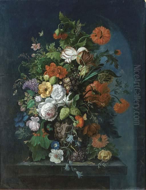 Roses, Tulips, Lilac, 
Convulvulus, Auriculas And Other Flowers Andinsects In An Ornamental Urn
 On A Plinth Oil Painting by Jan Van Huysum