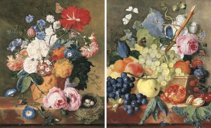 Roses And Other Flowers In A 
Terracotta Vase With A Bird's Nest On A Marble Ledge And; Fruit And 
Peonies In A Basket With Hazelnuts On A Marble Ledge Oil Painting by Jan Van Huysum