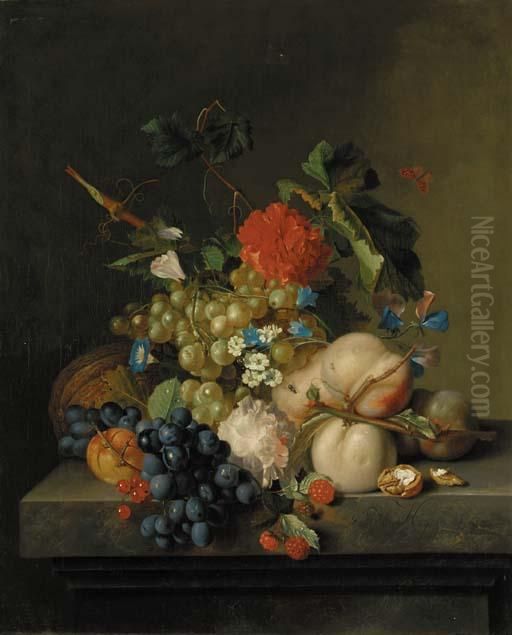 Grapes On The Vine, Peaches, A 
Melon, Redcurrants, A Split Walnut, With Morning Glory, Other Flowers 
And A Butterfly On A Marble Plinth Oil Painting by Jan Van Huysum