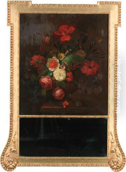 Roses, Poppies, Daisies, 
Chrysanthemums, Convolvuli And Otherflowers In An Urn On A Stone Ledge Oil Painting by Jan Van Huysum