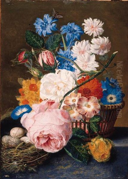 Roses, Morning Glory, Narcissi, 
Aster, And Other Flowers In Abasket, With Eggs In A Nest On A Marble 
Ledge Oil Painting by Jan Van Huysum