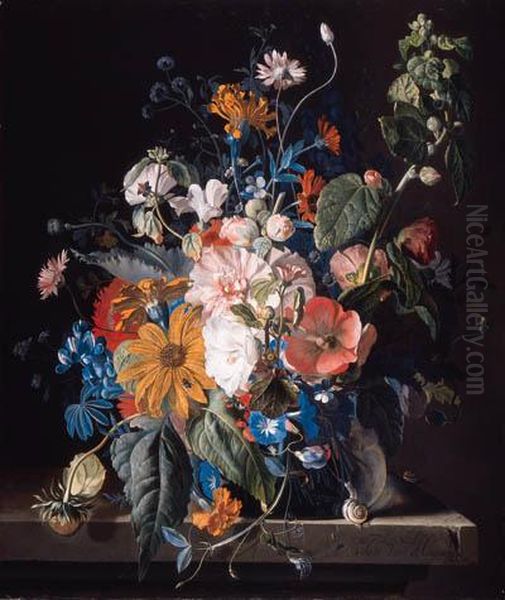 Poppies, Hollyhock, Morning 
Glory, Viola, Daisies, Sweet Pea,marigolds And Other Flowers In A Vase 
With A Snail On A Ledge Oil Painting by Jan Van Huysum