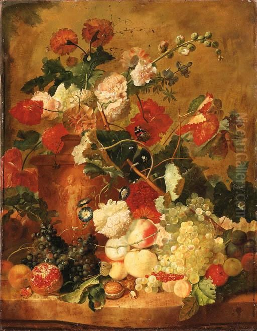 Roses, Carnations And Other 
Flowers In A Sculpted Terracotta Vasewith A Pomegranate, Peaches, Plums,
 Grapes, A Walnut, Hazelnuts Andcurrants On A Marble Ledge Oil Painting by Jan Van Huysum