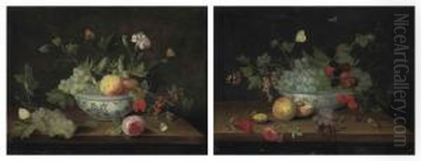 Grapes, Peaches, Cranberries, 
Flowers And Butterflies, In Aporcelain Bowl On A Wooden Ledge; And 
Grapes, Blackberries,cherries, Butterflies And A Walnut In A Porcelain 
Bowl On A Woodenledge Both Oil Painting by Jan van Kessel