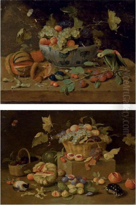 Fruits Dans Un Plat En Delft, 
Perroquet Et Ecureuil Sur Un Entablement; Et Un Panier De Fruits, Tortue
 Et Cochon D'inde Oil Painting by Jan van Kessel