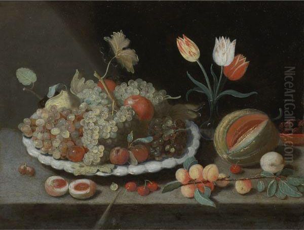 Still Life With Grapes And Other
 Fruit On A Platter, A Glass Vasewith Tulips, A Melon, Apricots, 
Cherries And Other Fruit, All On Aledge Oil Painting by Jan van Kessel