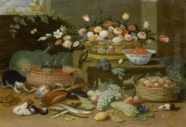 Still Life With Basket Of Flowers, 
Fruits, 
Fish, 
Wild Birds And Other Small Living Creatures Oil Painting by Jan van Kessel