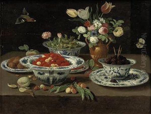 Wild Strawberries In A Chinese 
'kraak' Porcelain Bowl, Blackberriesin A Second Bowl Standing On A 
Plate, Various Flowers In A Bronzevase, Damsons In Yet Another Bowl And 
Walnuts On A Plate, With Apeach, A Sprig Of Cherries And Other Fruit, 
All On  Oil Painting by Jan van Kessel