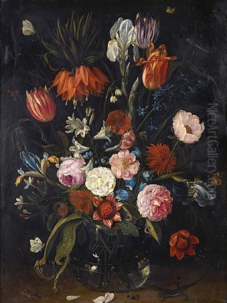 A Still Life Of Tulips, A Crown 
Imperial,snowdrops, Lilies, Irises, Roses And Other Flowers In A Glass 
Vasewith A Lizard, Butterflies, A Dragonfly And Other Insects Oil Painting by Jan van Kessel